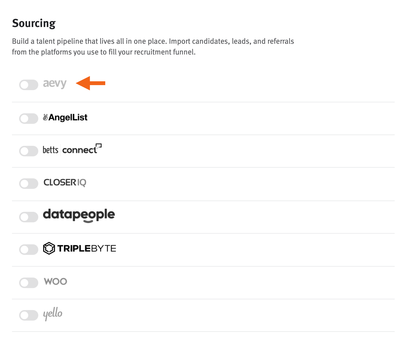 Lever settings page with arrow pointing to aevy listing