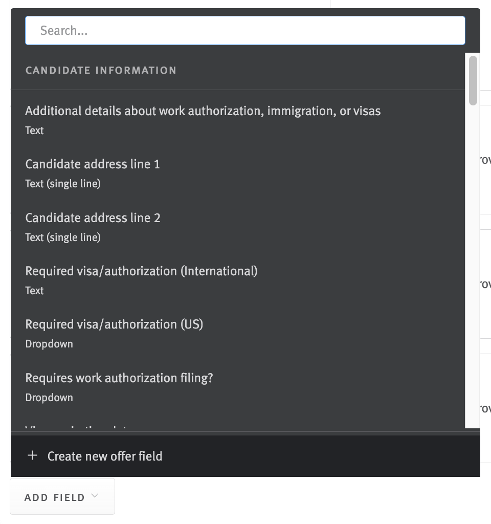 Expanded offer form field menu with Create new field option highlighted on hover.