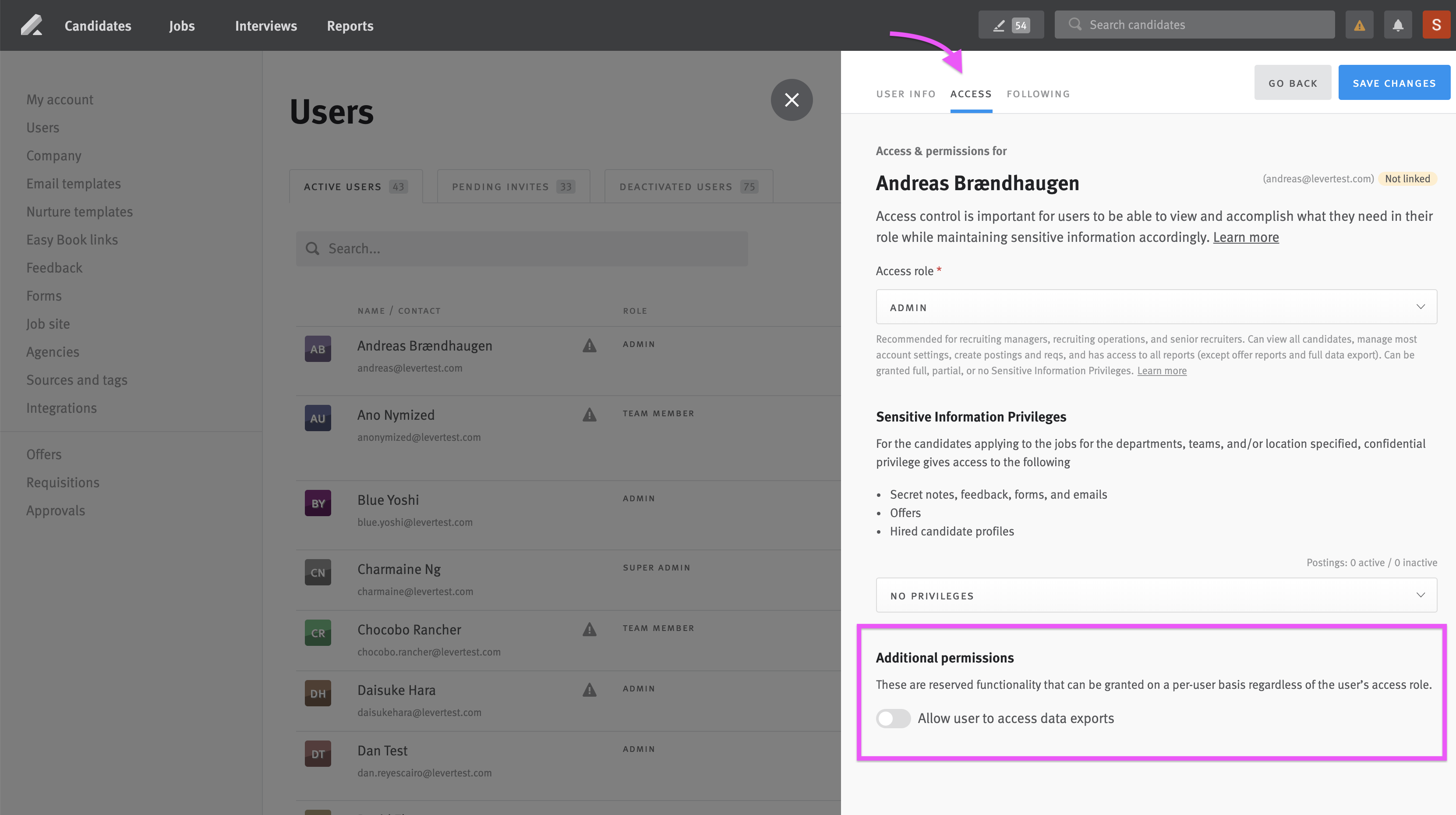 User informataion editor with arrow pointing to Access tab and Additional permissions section is circled include allow user to access data exports toggle.