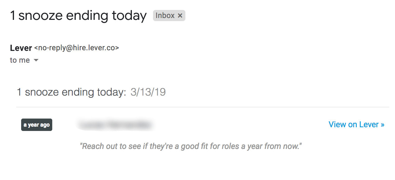 Snoozing ending reminder email in Gmail with reminder message from previous image.