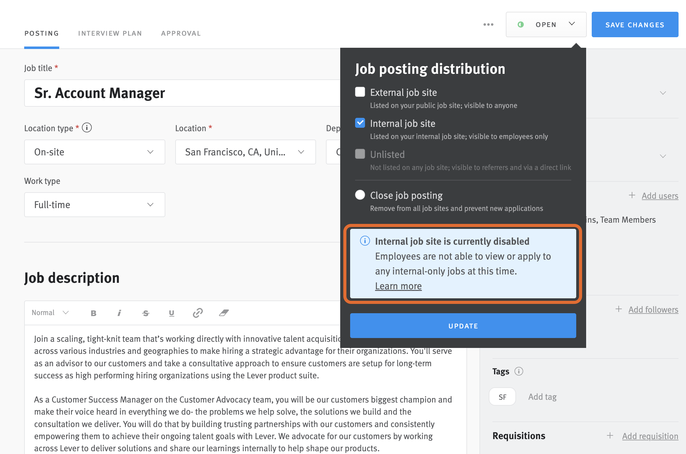 job posting editor with internal job site disabled warning outlined