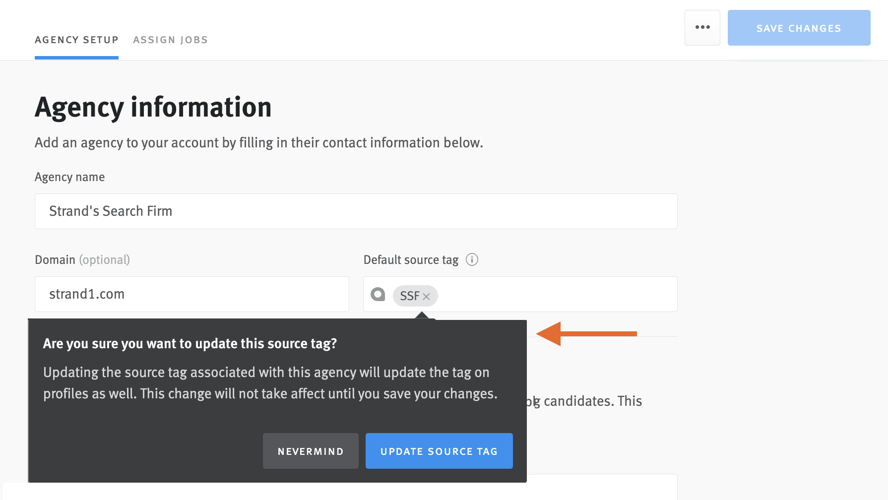 Agency information page with arrow pointing to update source tag callout