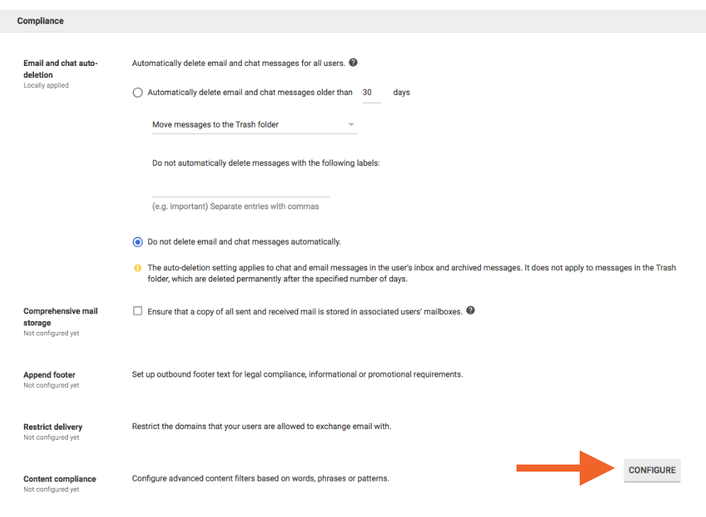Google compliance settings with arrow pointing to configure