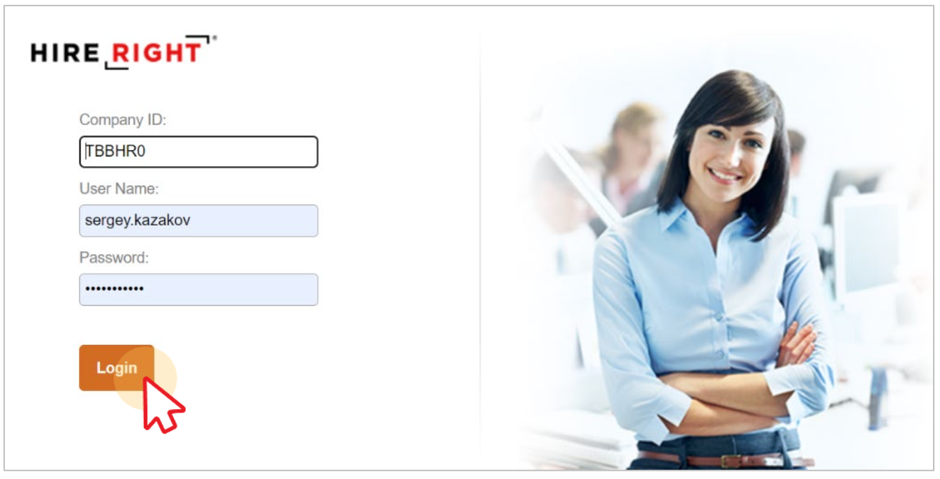 HireRight Login screen after clicking on report link