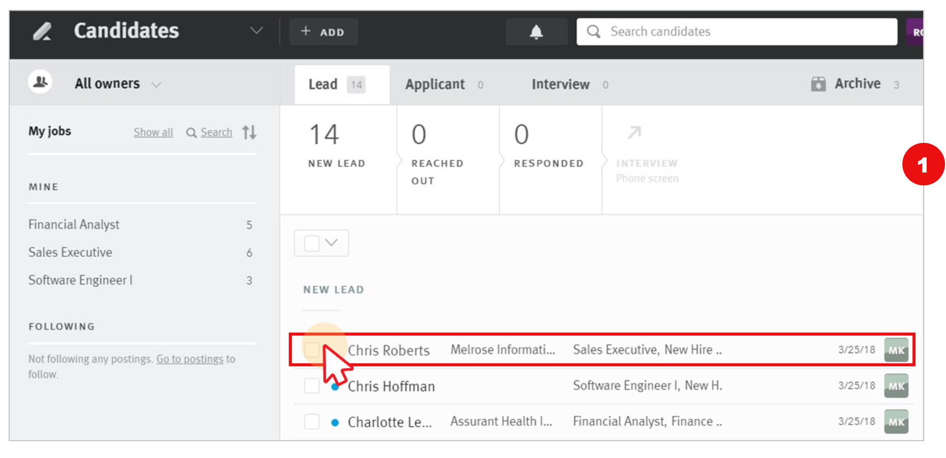 screenshot in Lever clicking candidate to open profile