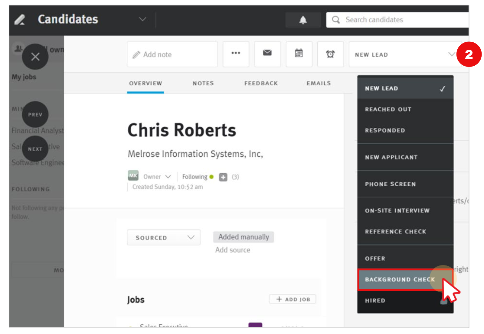 screenshot in Lever selecting Background Check stage