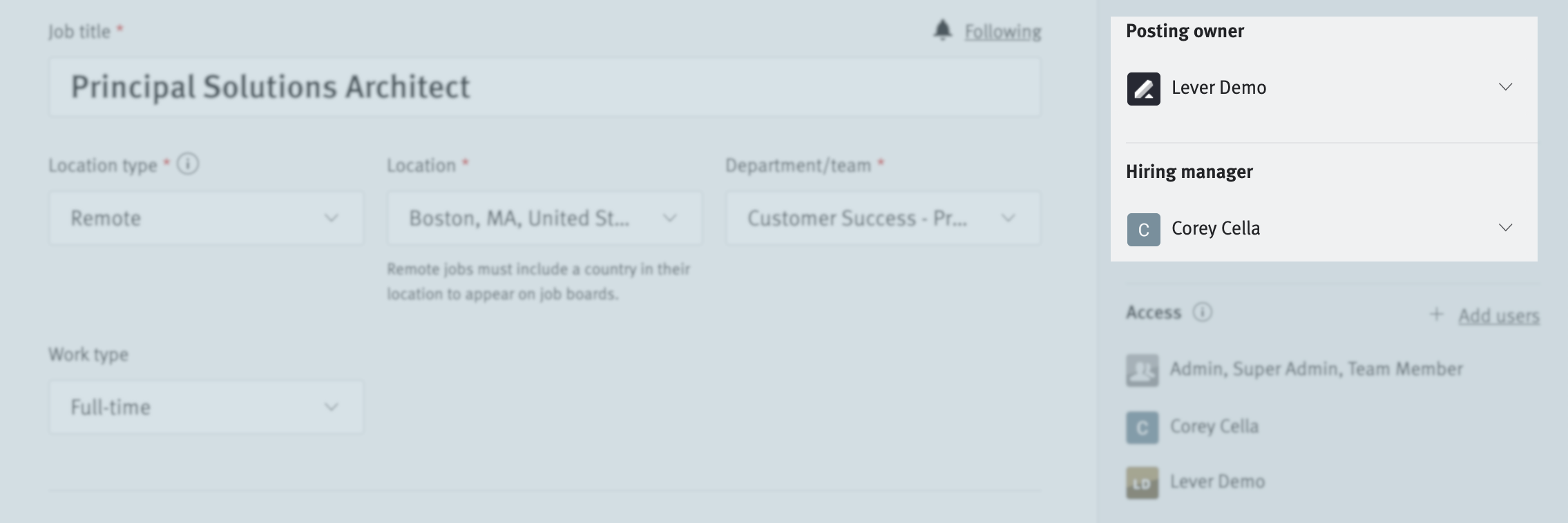 Posting editor with owner and hiring manager fields highlighted.