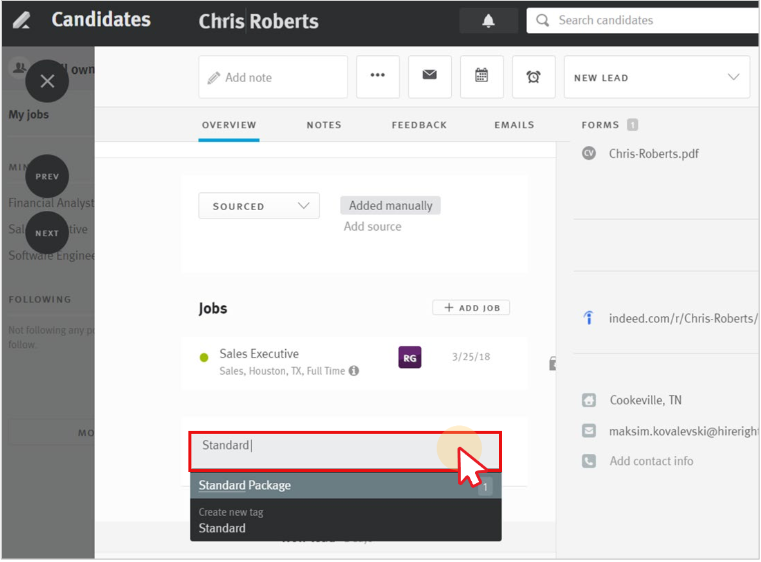 screenshot in Lever selecting package in tags drop-down