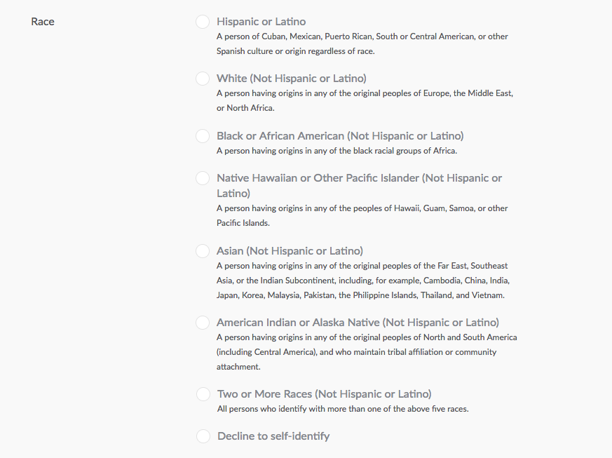 Race section of application form showing long version with all descriptions