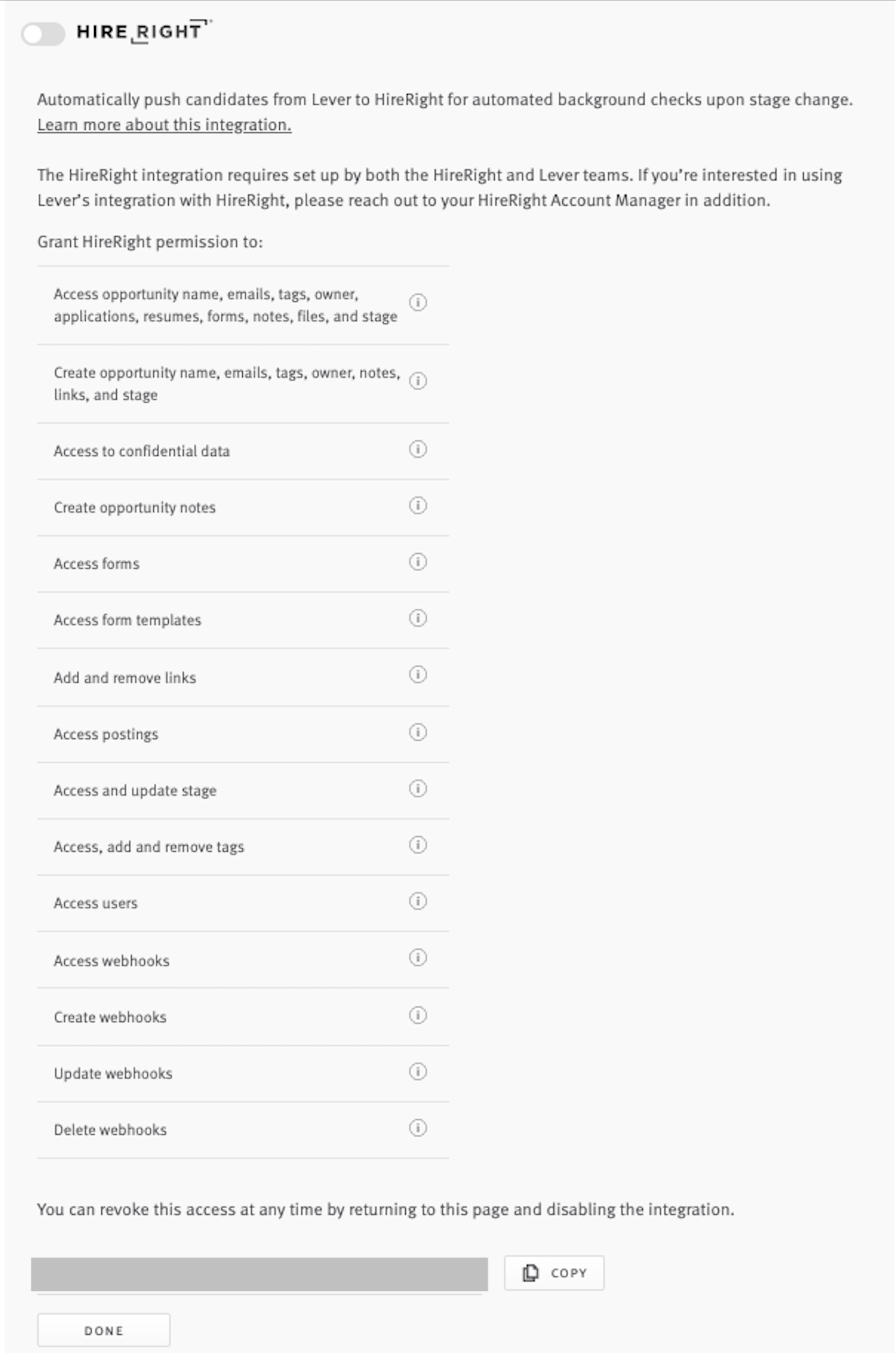 Lever integrations settings showing Hireright listing and green toggle button.