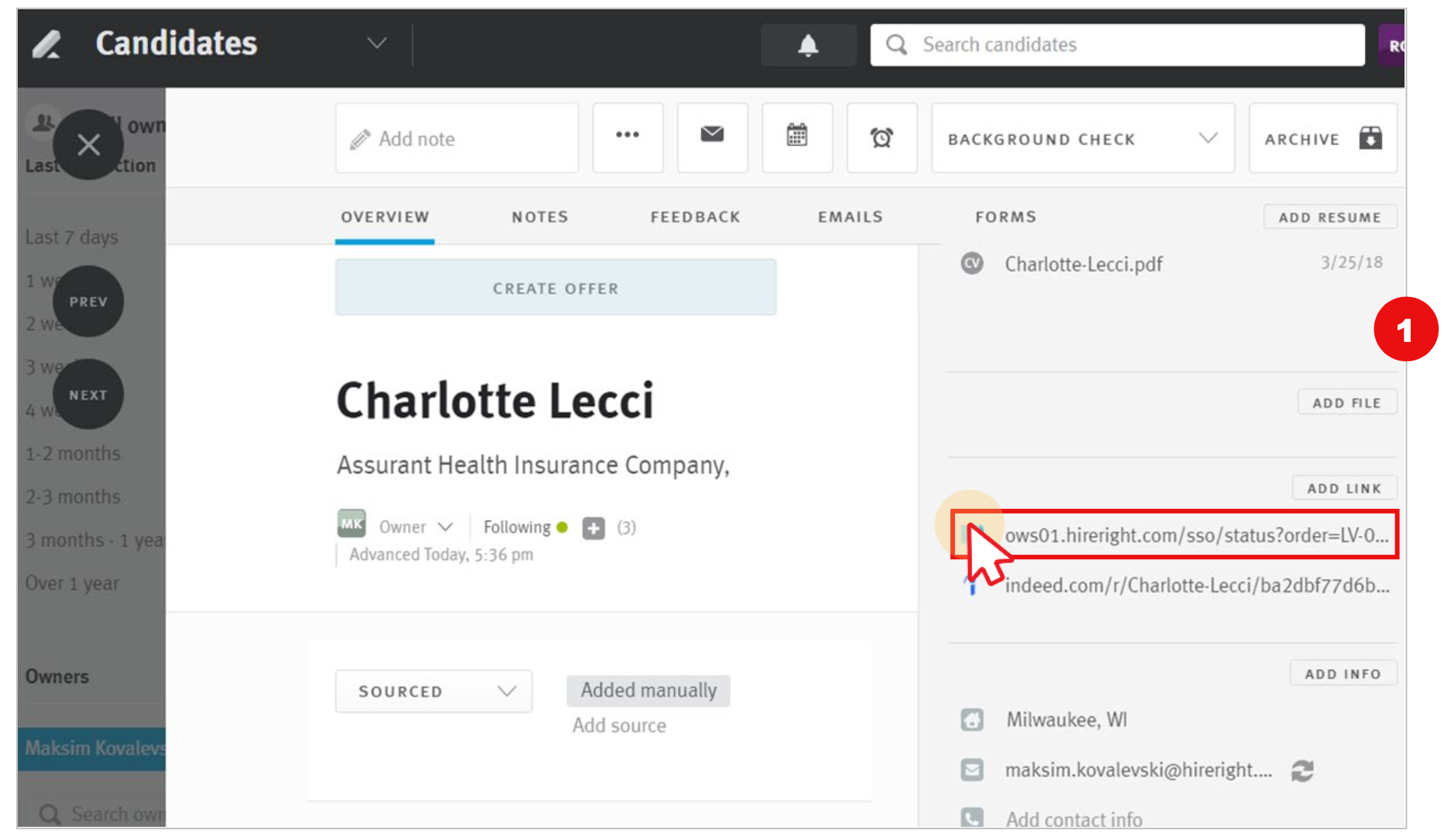 screenshot in Lever of the report link on candidate profile
