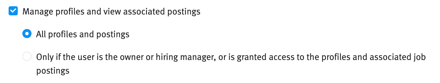 'Manage profiles and view associated postings' permission configuration in role provisioning interface