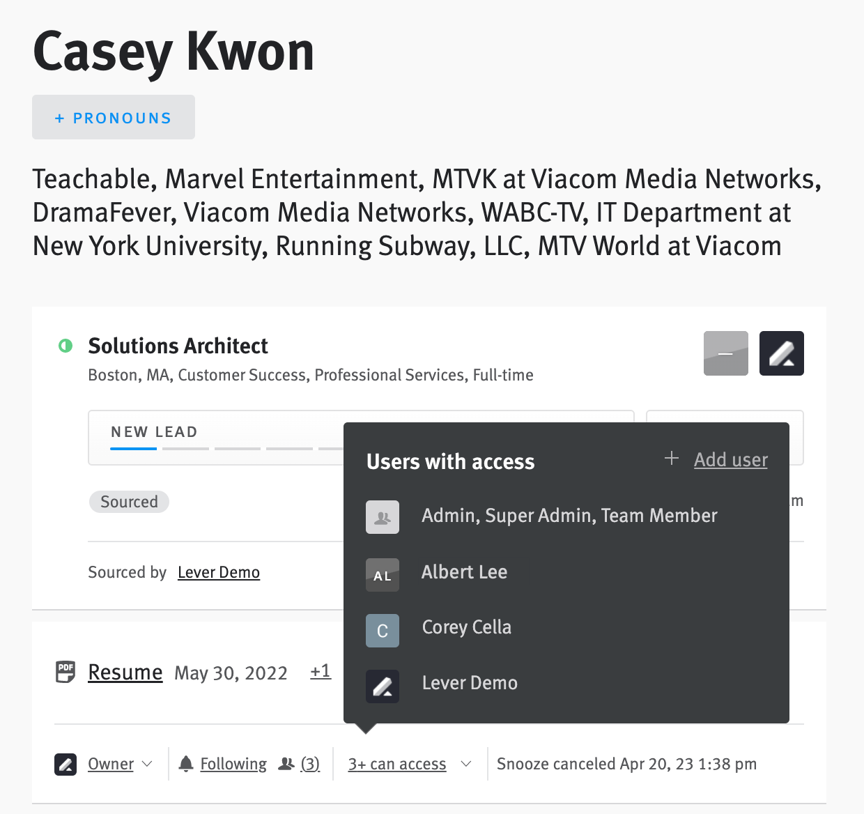 Candidate opportunity profile with access list expanded