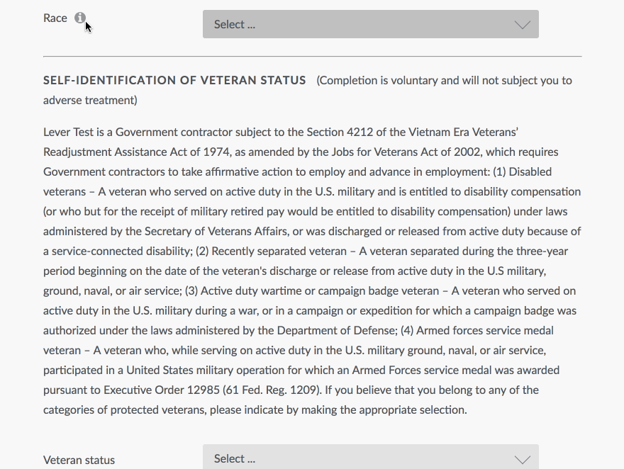 Race section of application form showing short version with full descriptions expanded