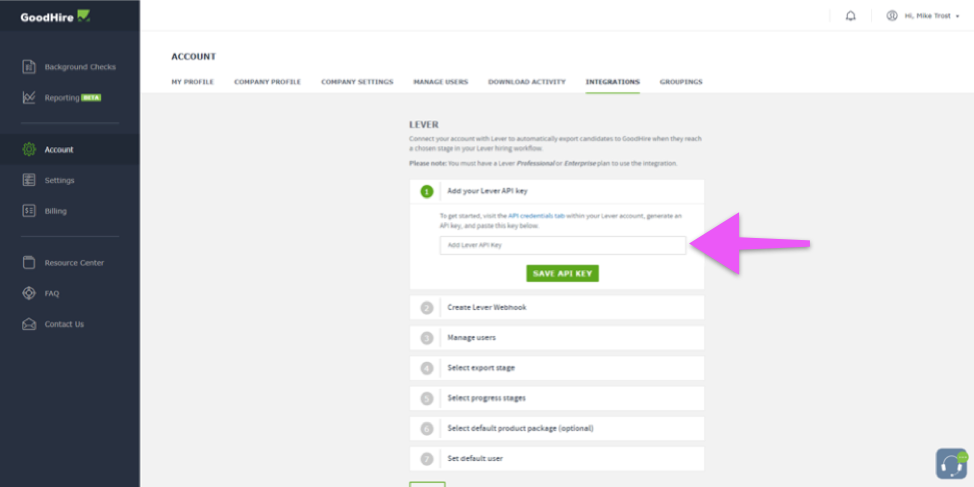 Goodhire platform with arrow pointing to Lever API key field.
