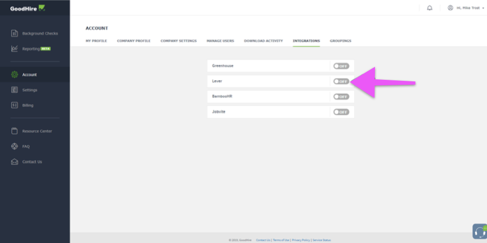 Goodhire platform with arrow pointing to lever listing and toggle.