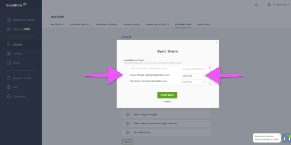 Goodhire platform sync users editor with arrows pointing to candidate list role selector.