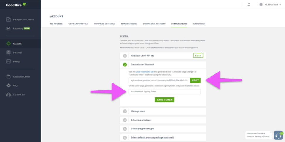 Goodhire platform with arrow pointing to copy button and Lever API key field.