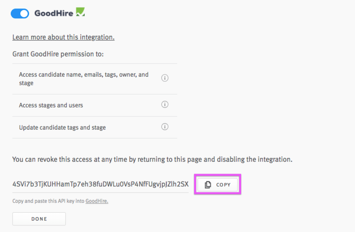 Lever settings Goodhire section copy button next to API key outlined.