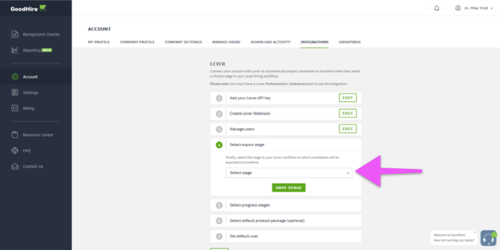 Goodhire platform with arrow pointing to select export stage section with select stage dropdown menu.