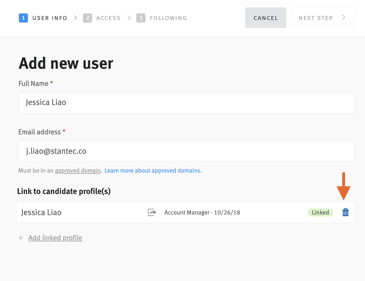 Profile editor with arrow pointing to trash icon next to listed candidate profile