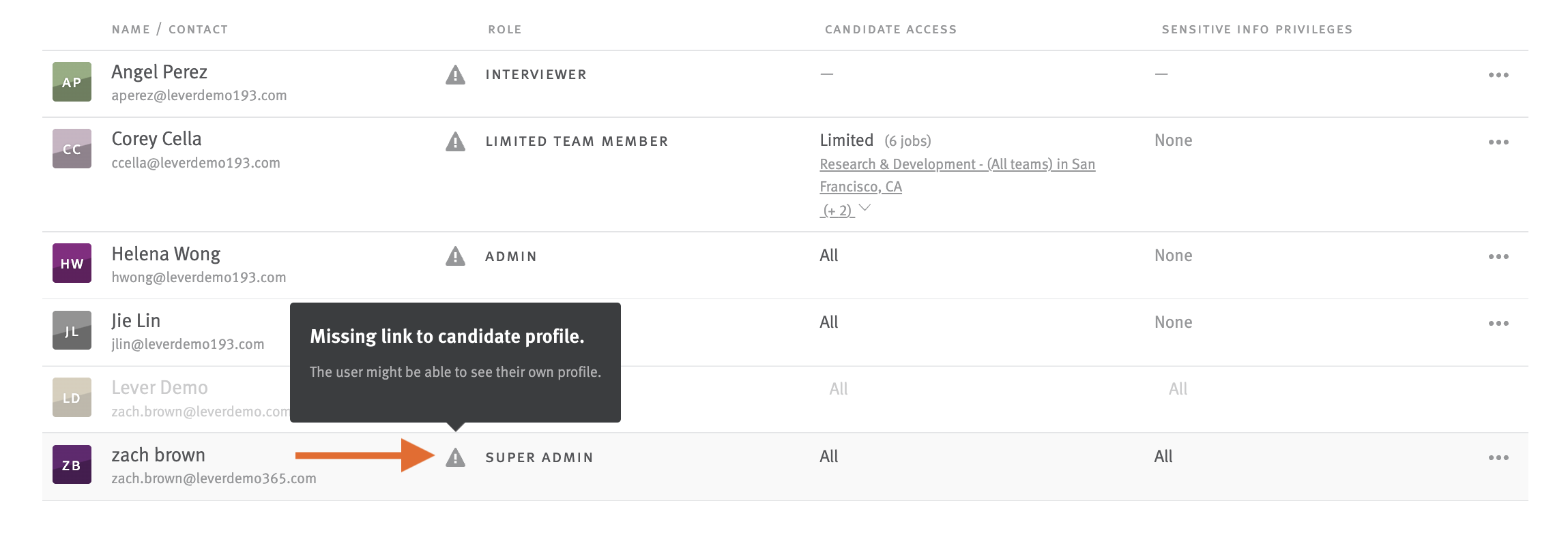 user list with arrow pointing to missing candidate profile warning icon