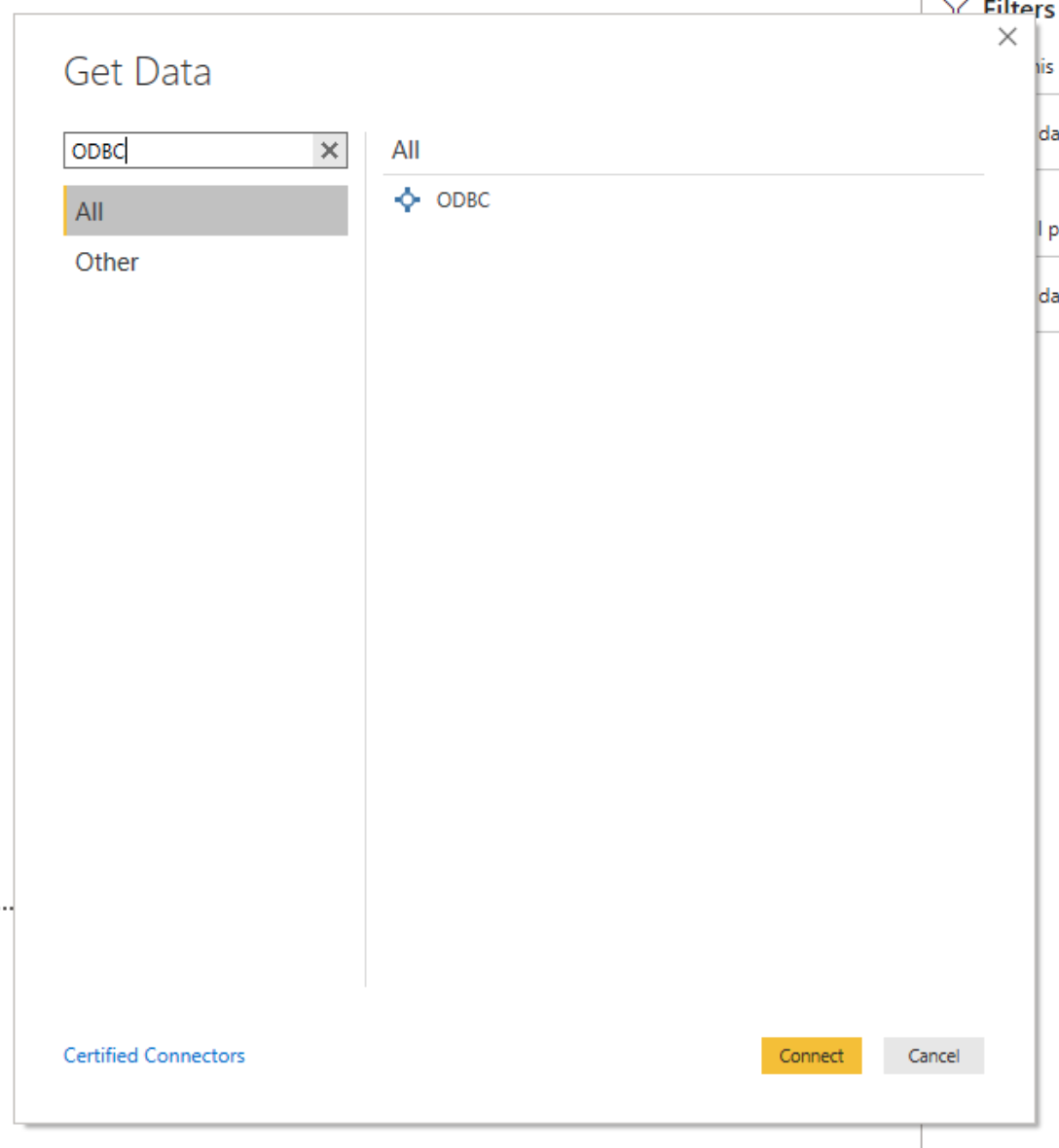 Get Data modal with ODBC in search bar