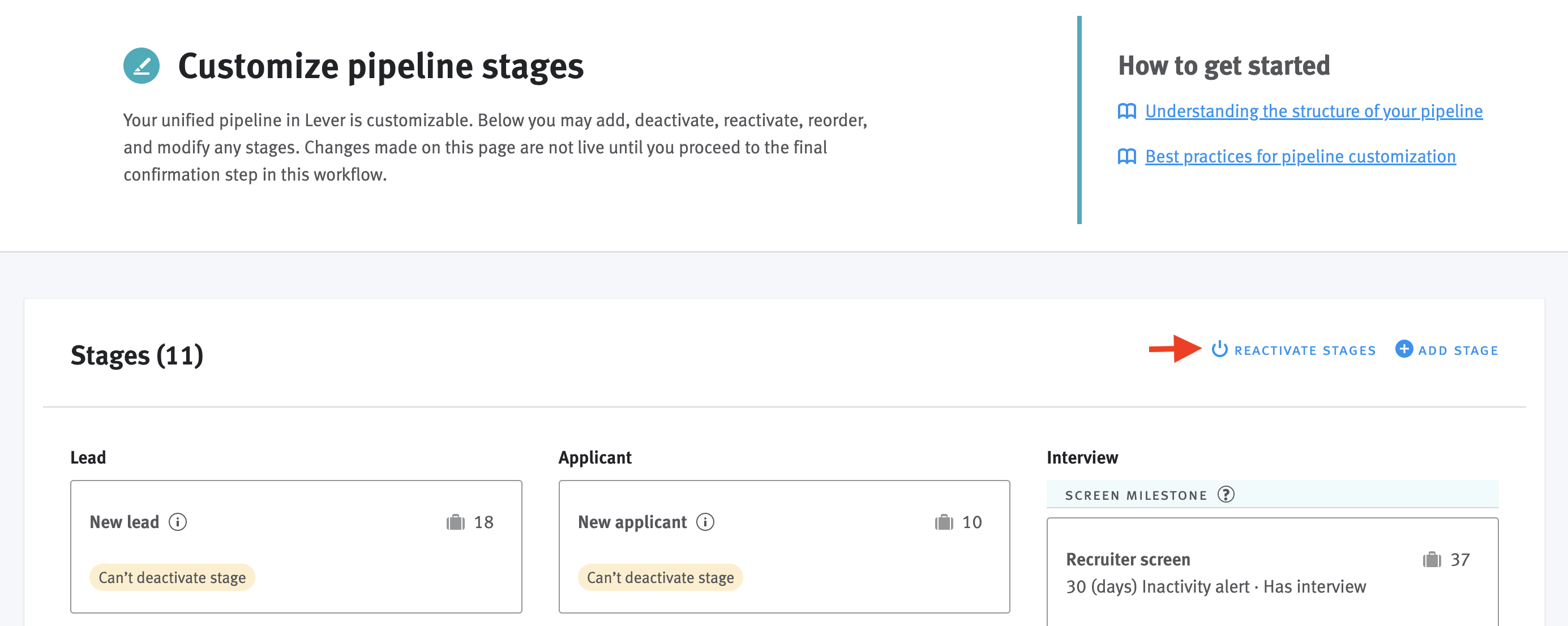 Arrow pointing to Reactivate Stage button to the upper-right of stage editor.