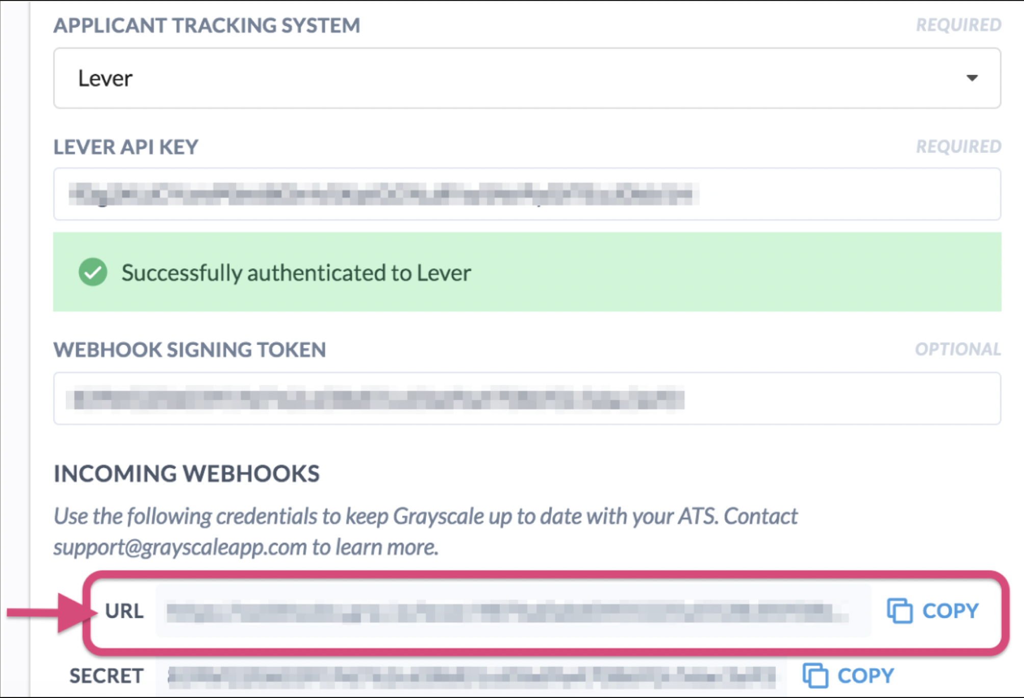 Same tiles as previous image with successful authentication callout and blurred out URL generated.