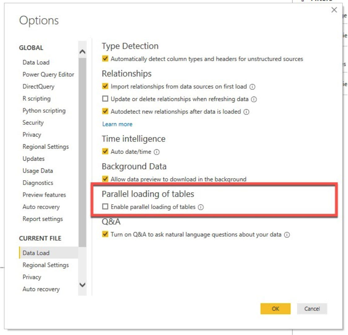Options menu in PowerBI; enable parallel loading of tables chebox outlined