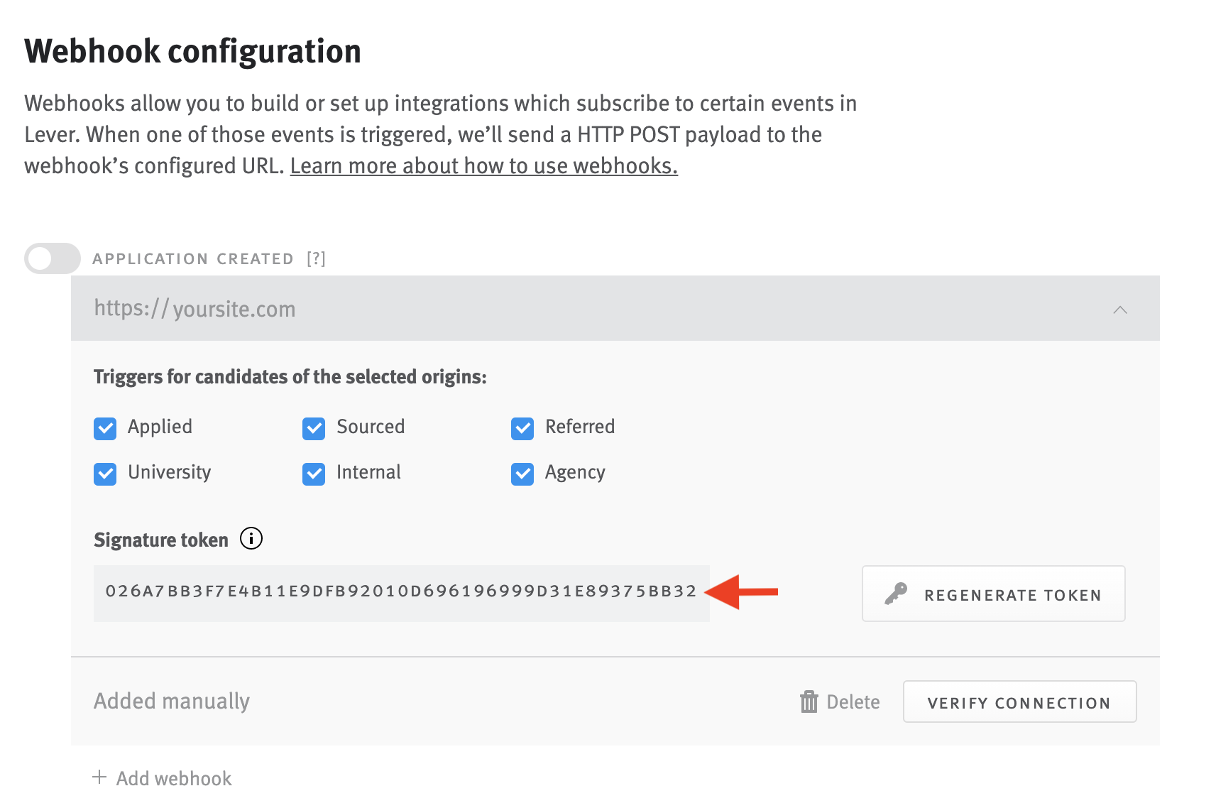 Application created webhook tile with arrow pointing signature token.