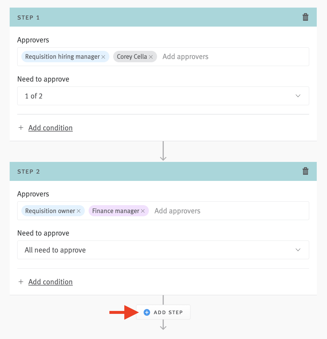 Approval editor with multiple approver steps and arrow pointing to Add Step button.
