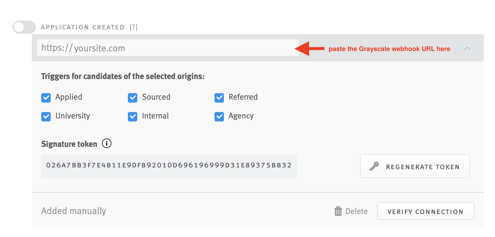 Application Created tile on webhooks tab in Lever with arrow pointing to blank field for Grayscale webhook URL.