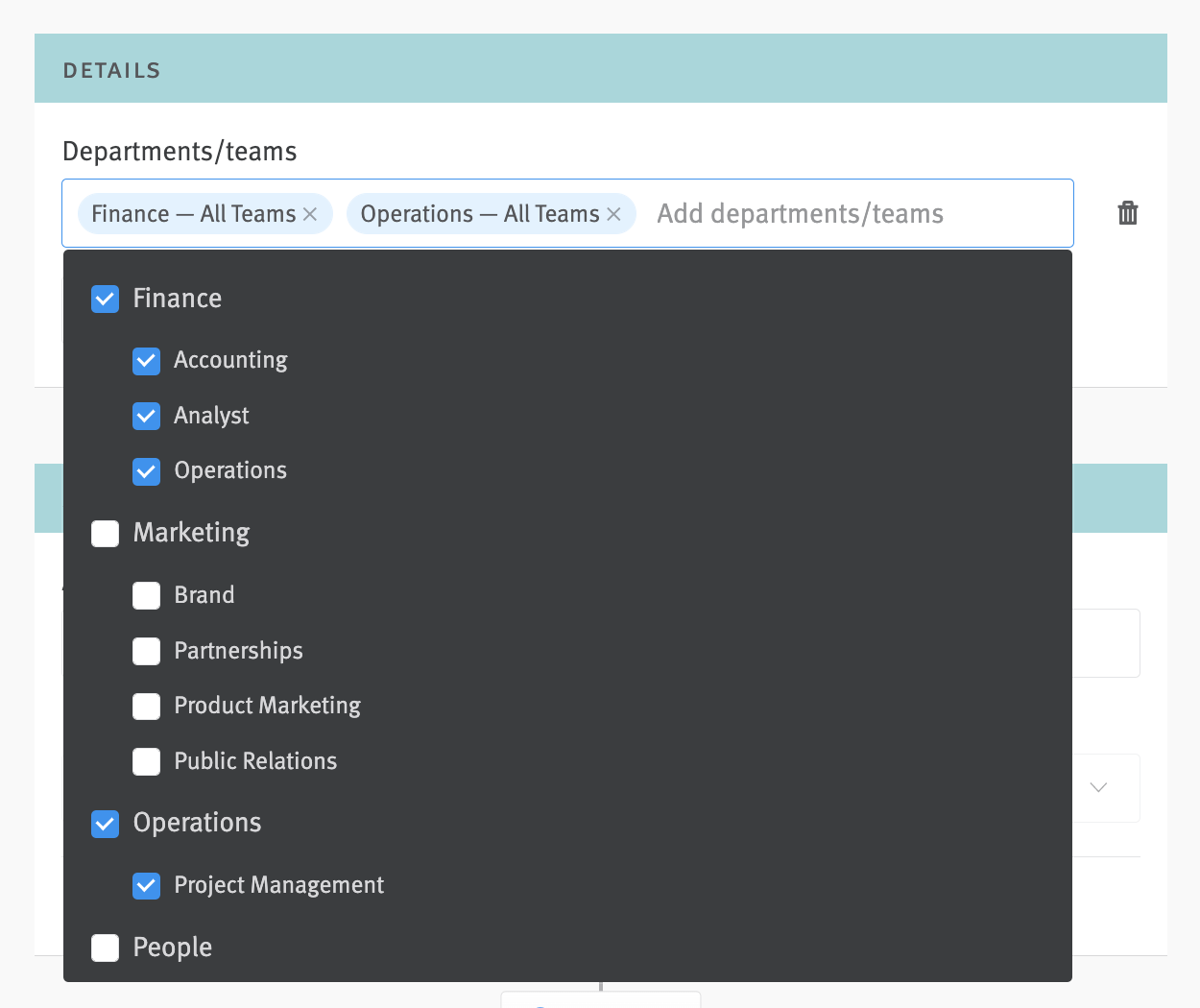 Custom approval editor close-up of department/teams field with menu extended.