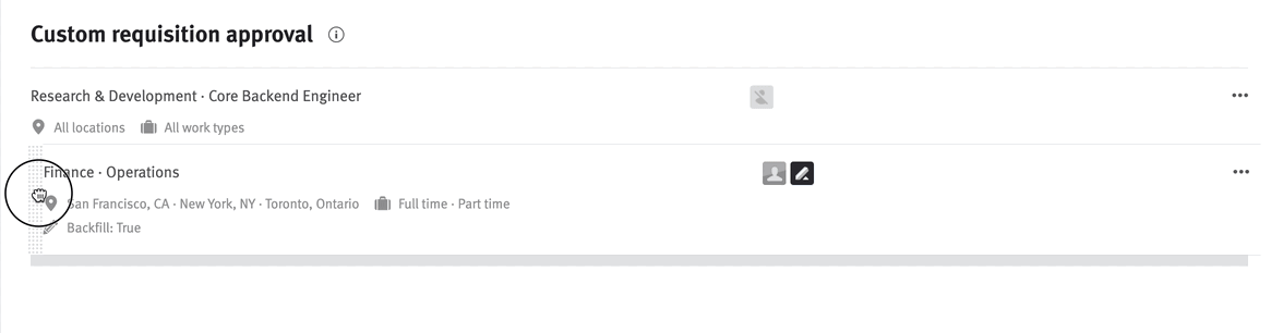 Custom requisition approval being dragged to a new location in the custom requisition approval list.