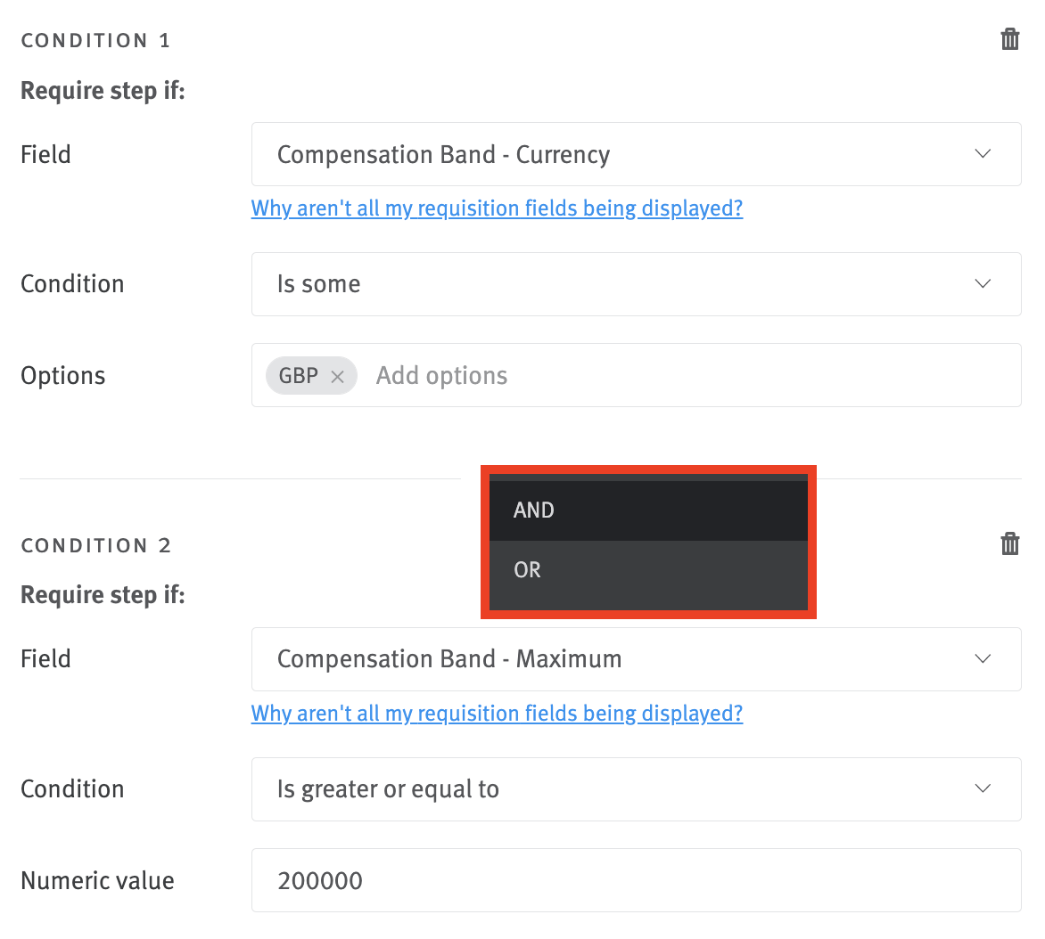 AND/OR operator menu between conditions in approval editor.