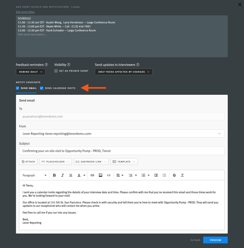 Interview scheduler with arrow pointing to send email and send calendar invite checkboxes.