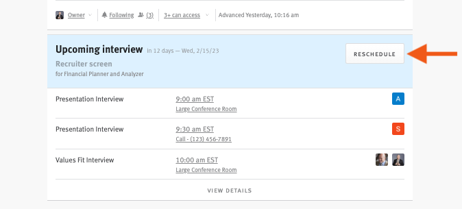 Candidate profile upcoming interview section with arrow pointing to reschedule button.