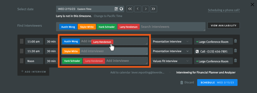 Interview scheduler with interviewer being dragged to new time.