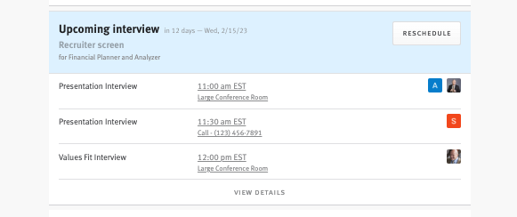 Lever candidate profile upcoming interview section with rescheduled interview times.