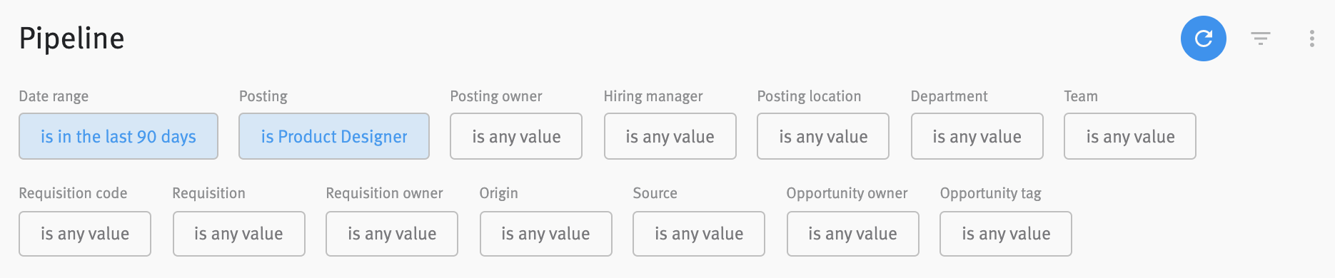 Filters bar with date range and posting filters applied and reload button highlighted blue.