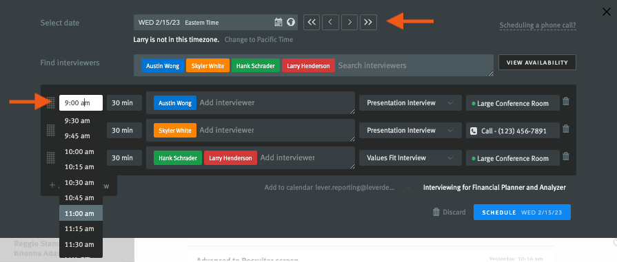 Interview scheduler with arrows pointing to select date field and time selector dropdown.