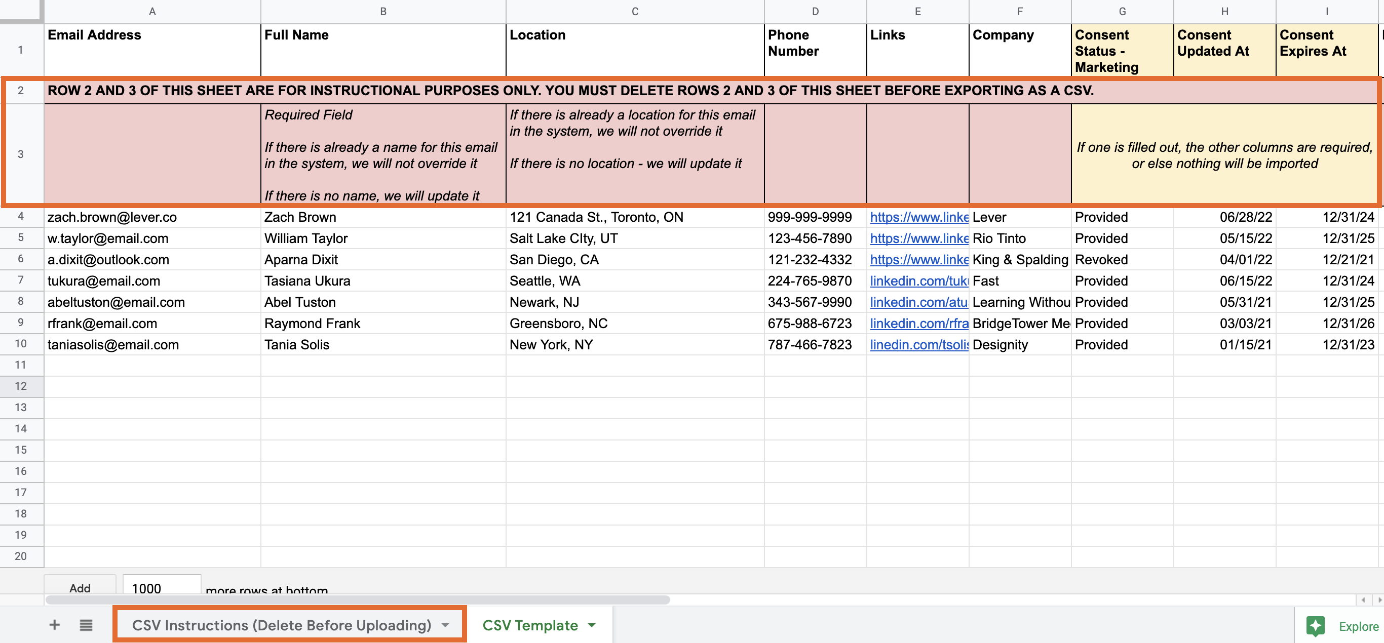 Template with instructions; instruction rows and tab are outlined.