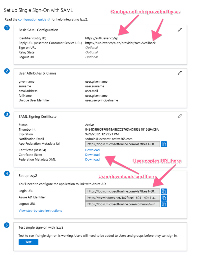SAML configuration page with arrows pointing to fields configured by Lever, link to download raw certificate and login URL to copy.