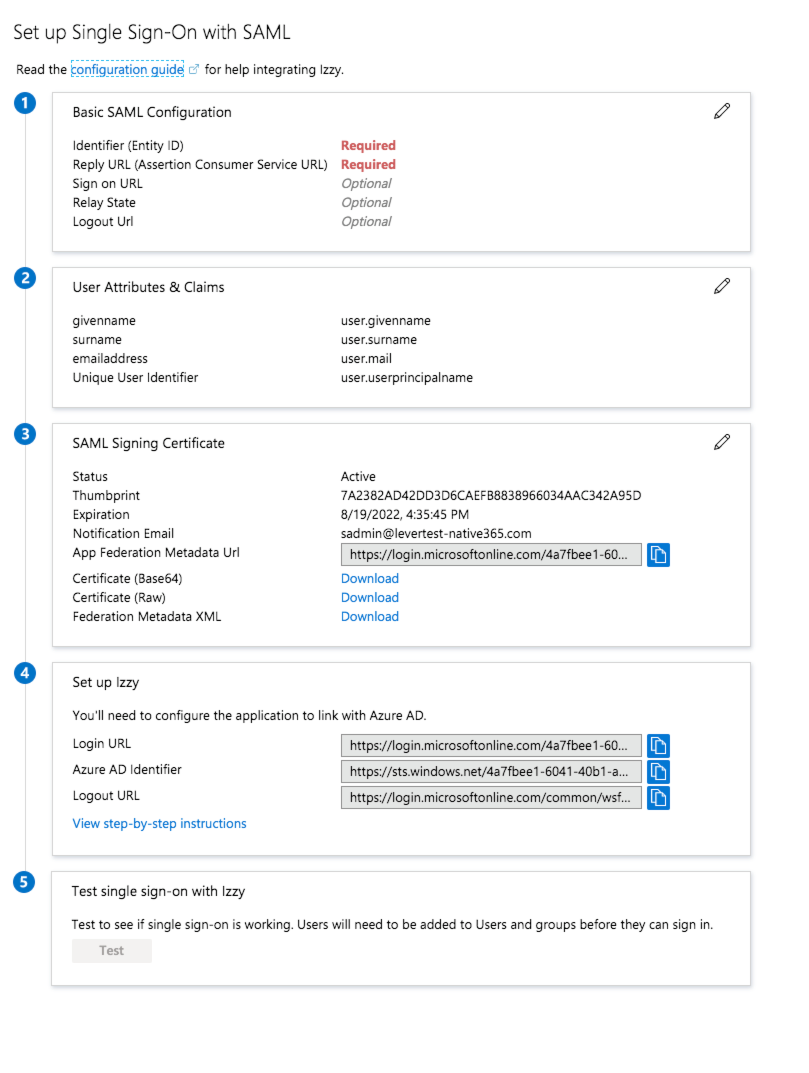 SAML configuration page