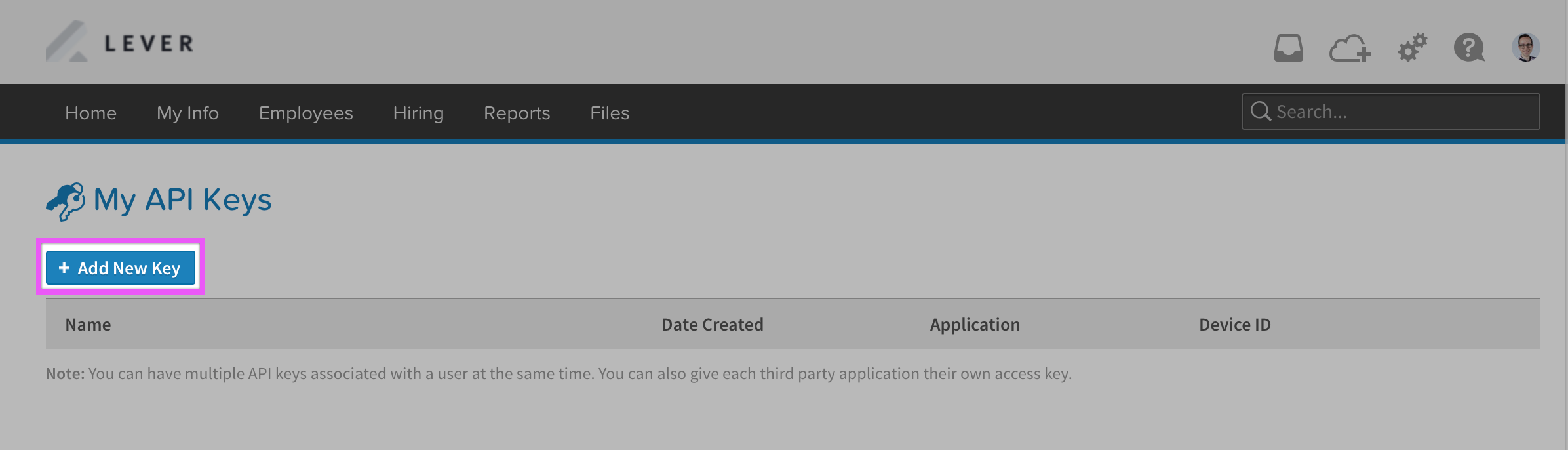 My API keys page in BambooHR with Add New API key butotn circled.