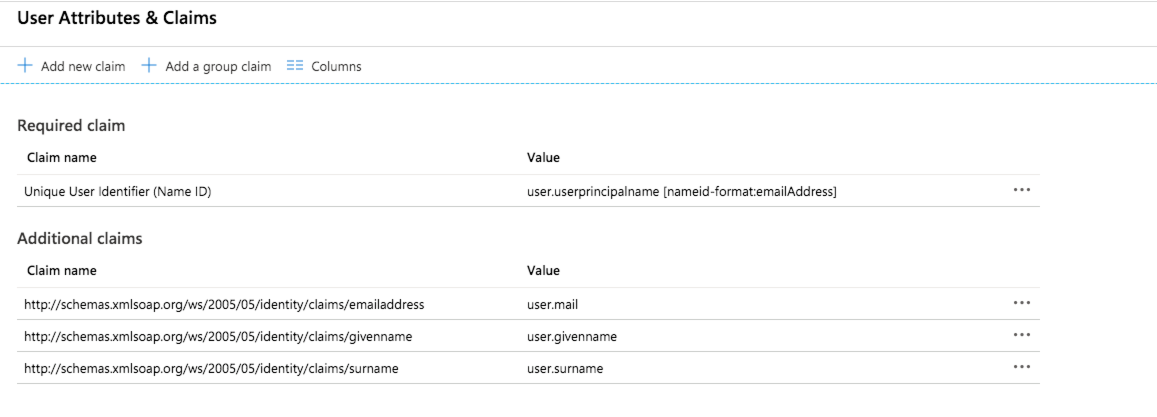 User Attributes and Claims page in SAML configuration.