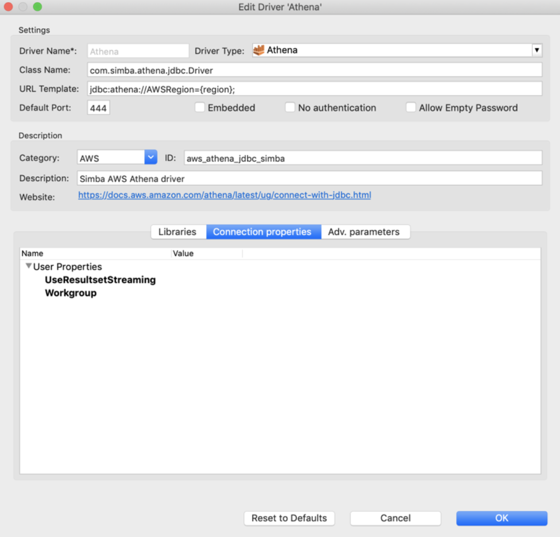 Edit Driver Athena window with user properties listed