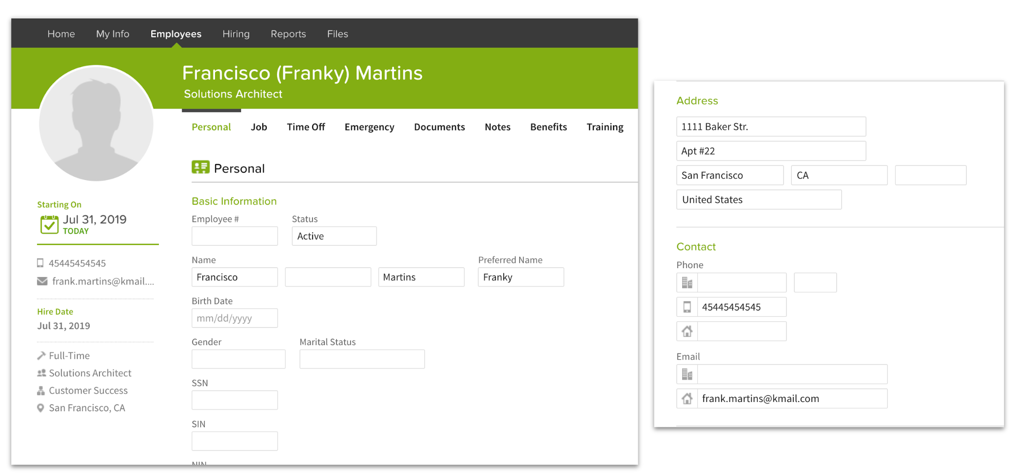 Employee record in BambooHR with close-up of pre-populated fields.