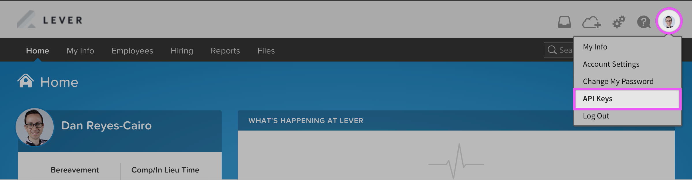 Settings menu in BambooHR with API keys option circled.